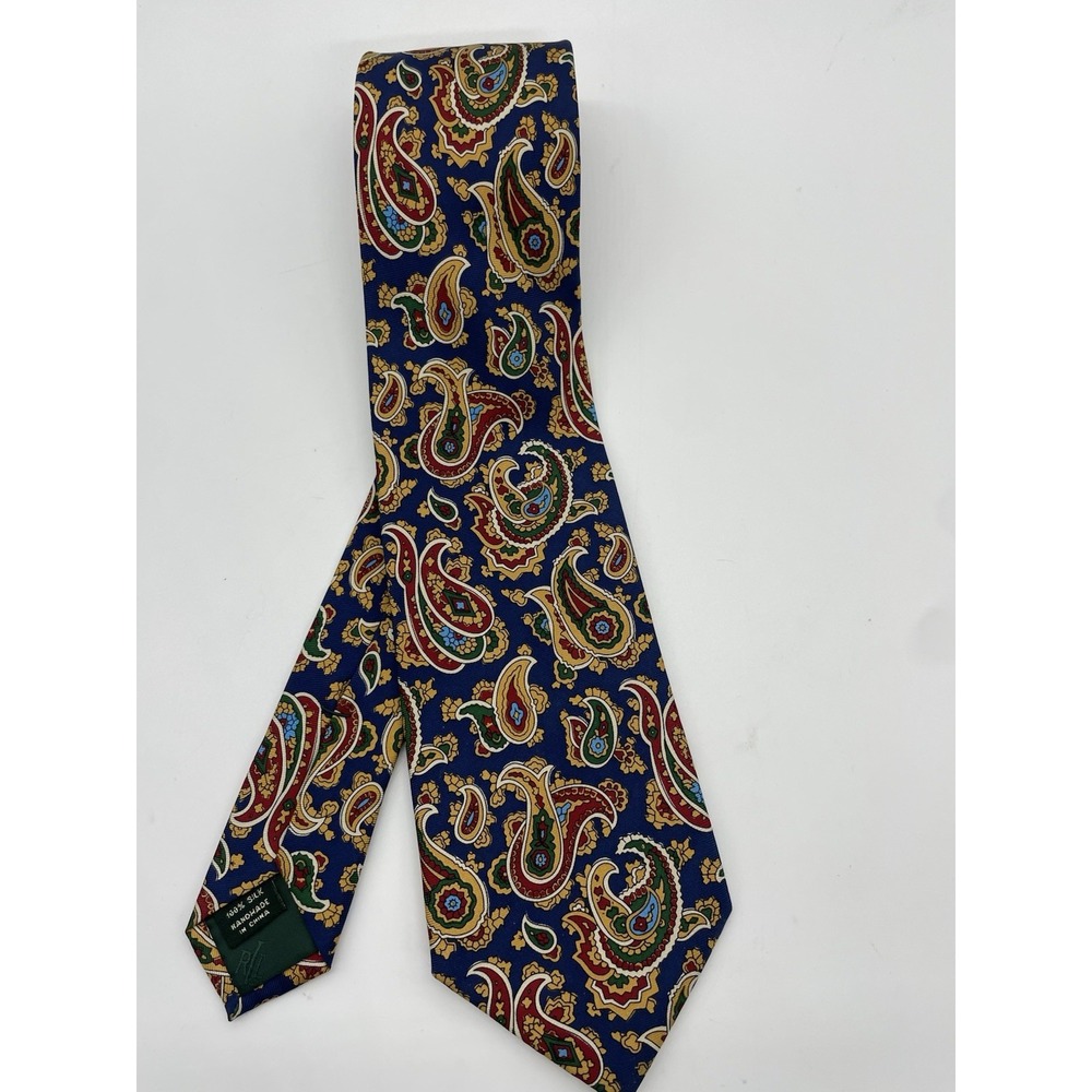 Lauren Ralph Lauren Blue Paisley Silk Tie Hand Made Preppy Designer Wedding Men